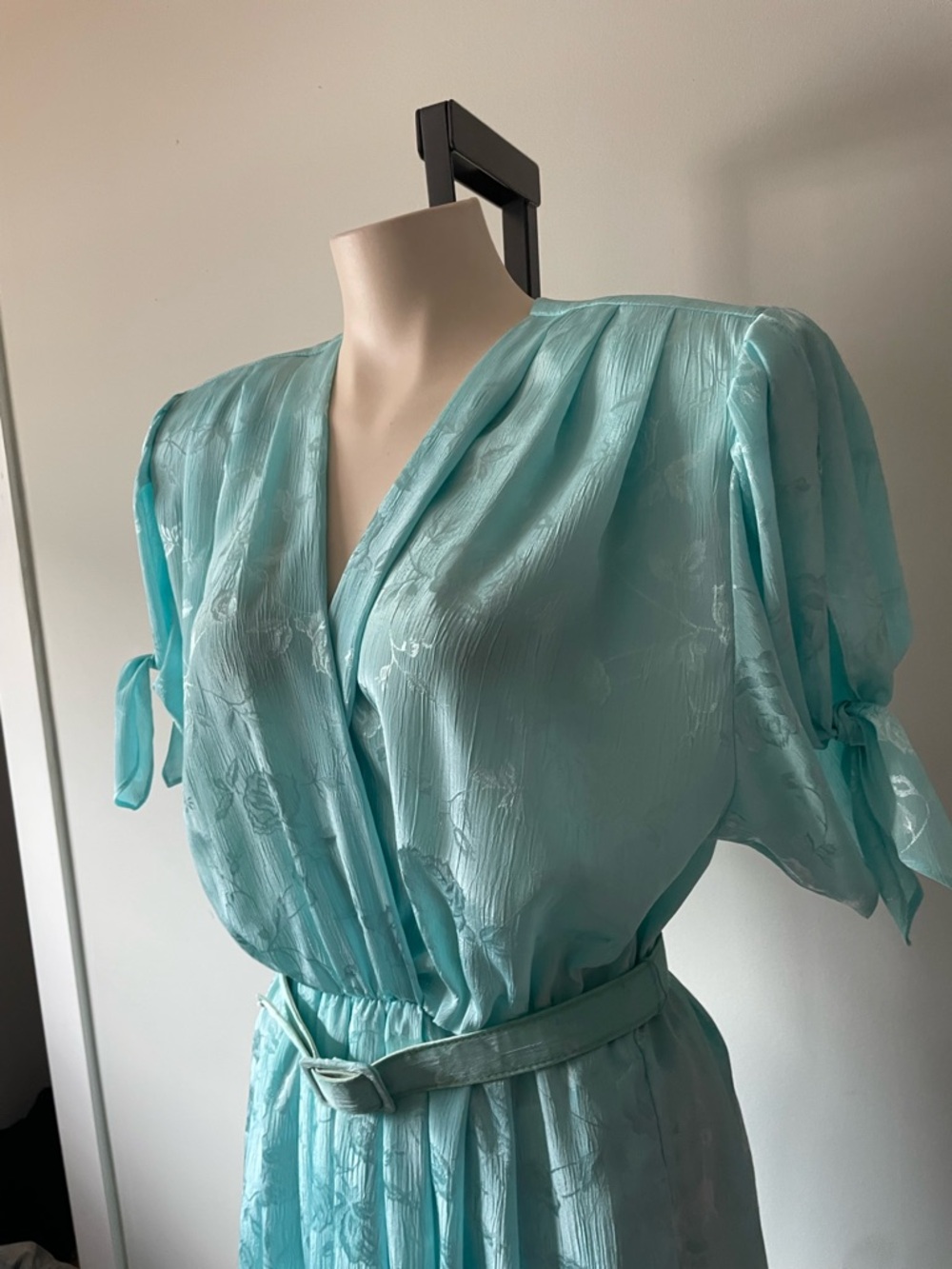80s 90s The French Fact Floral Rose Satin Midi Dress Belted Retro Cottagecore - Picture 6 of 8